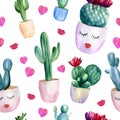 Watercolor hand painted seamless pattern with different cactuses in flower pots, hearts and lips on white background Royalty Free Stock Photo