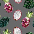 Watercolor hand painted seamless pattern with dragon fruits and monstera leaves on grey background