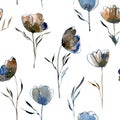 Watercolor hand painted seamless pattern with elegant flowers