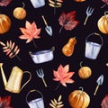 Watercolor hand painted seamless pattern with gardening tools: watering can, basin, bucket, shovel, pumpkins and autumn leaves.