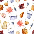 Watercolor hand painted seamless pattern with gardening tools: watering can, basin, bucket, shovel, pumpkins and autumn leaves.