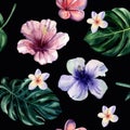 Watercolor hand painted seamless pattern with hibiscus and plumeria flowers and monstera leaves on black background. Bright Royalty Free Stock Photo