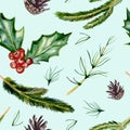 Watercolor hand painted seamless pattern with holly, coniferous branches and pine cones on blue background.