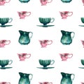 Watercolor hand painted seamless pattern including illustrations of antique turquoise and pink tableware on white background.