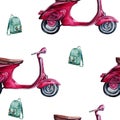 Watercolor hand painted seamless pattern including purple motorbike and turquoise backpack Royalty Free Stock Photo