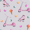 Watercolor hand painted seamless pattern with pink scooter, skates, ice cream and bubbles on grey background.