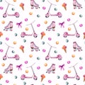 Watercolor hand painted seamless pattern with pink scooter, skates, ice cream and bubbles on white background.