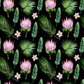 Watercolor hand painted seamless pattern with protea and plumeria flowers, banana tree and palm leaves on black background.