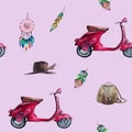 Watercolor hand painted seamless pattern with purple vintage scooter. Royalty Free Stock Photo