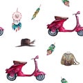 Watercolor hand painted seamless pattern with purple vintage scooter, dream catcher, feathers, brown leather backpack and hat. Royalty Free Stock Photo