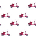 Watercolor hand painted seamless pattern with purple vintage scooter. Royalty Free Stock Photo