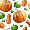 Watercolor hand painted seamless pattern with ripe orange pumpkins and green apples on white background. Perfect for creating