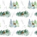 Watercolor hand painted seamless pattern with scenes of deer, mountains, fir-trees, silver forest branches on white background. Royalty Free Stock Photo