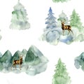 Watercolor hand painted seamless pattern with scenes of deer, mountains, fir-trees on white background. Royalty Free Stock Photo