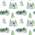 Watercolor hand painted seamless pattern with scenes of deer, mountains, fir-trees on white background. Royalty Free Stock Photo