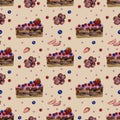 Watercolor hand painted Seamless Pattern with Sweet Cakes, orchid Flowers, Berries on a beige background. Royalty Free Stock Photo