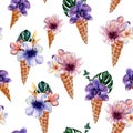 Watercolor hand painted seamless pattern with tropical bouquets in waffle cones on white background.
