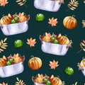 Watercolor hand painted seamless pattern with vintage metal garden basin with pumpkins, apples and autumn leaves on deep blue.