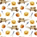 Watercolor hand painted seamless pattern with vintage wheelbarrow, orange pumpkins, flowers and garden tools on white background.