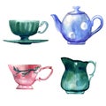 Watercolor hand painted set of antique tableware: blue teapot with white polka dots, turquoise milk jug and cup with a saucer  and Royalty Free Stock Photo