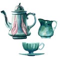 Watercolor hand painted set of antique turquoise coffee pot, milk jug and cup with a saucer. Cozy and delicate illustrations in