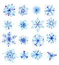 Watercolor hand painted set of christmas, new year winter snowflakes, isolated on white Royalty Free Stock Photo