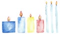 Watercolor hand painted set with different multicolored candles, blue, yellow, pink and light blue wax collection