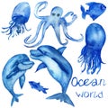 Watercolor hand painted, set of marine life blue dolphins, jellyfish, octopuses and fish isolated on white background. Colorful Royalty Free Stock Photo