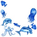 Watercolor hand painted, set of marine life blue dolphins, jellyfish, octopuses and fish isolated on white background. Colorful Royalty Free Stock Photo
