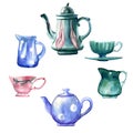 Watercolor hand painted set of vintage tableware: turquoise coffee pot in art nouveau style, 2 milk jugs and 2 cups.