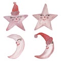 Watercolor hand painted sky cartoon set with pink stars and half moon with red christmas hat collection isolated on the white back Royalty Free Stock Photo