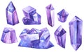 Watercolor classic blue, violet crystals and gems set isolated on white. Boho mineral collection for cards, collages, diy Royalty Free Stock Photo