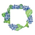 Watercolor hand painted square frame with blue forget-me-not flowers and large green leaves on branches for invitations. Royalty Free Stock Photo