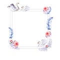 Watercolor hand painted square frame of feathers, peonies, twigs, swans Royalty Free Stock Photo