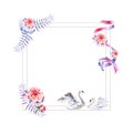 Watercolor hand painted square frame of feathers, peonies, twigs, swans, ribbon