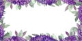Watercolor hand painted summer nature border frame with purple flowers and green leaves and branches for invitations and greeting Royalty Free Stock Photo
