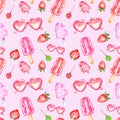 Watercolor hand painted summer tasty desserts seamless pattern on pink background. Colorful decorative elements