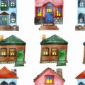 Watercolor hand painted town seamless pattern with two-storey blue and pink house Royalty Free Stock Photo