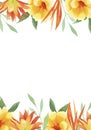 Watercolor hand painted tropical frame with yellow and orange flowers, green leaves and plants. Royalty Free Stock Photo