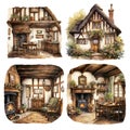 Watercolor hand painted vintage english house interior set. Household concept.