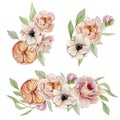 Watercolor hand painted vintage flowers arragement elements. Nature spring banner design roses, anemones, peonies isolated on whit