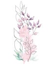 Watercolor hand painted violet and turquoise leaves line art floral shapes style. Floral arrangement on white background