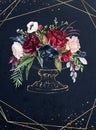 Watercolor hand painted wedding romantic illustration on navy background - vintage gold vase / pot of flowers. Floral bouquet