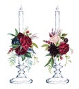 Watercolor hand painted wedding romantic illustration on white background - pair of vintage candlesticks & flower floral bouquet Royalty Free Stock Photo