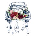 Watercolor hand painted wedding romantic illustration on white background - vintage navy color cabriolet car with cans & flower Royalty Free Stock Photo