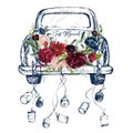 Watercolor hand painted wedding romantic illustration on white background - vintage navy color car with cans & flower floral