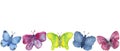 Watercolor hand painted wild nature banner composition with blue, yellow green and pink butterflies Royalty Free Stock Photo