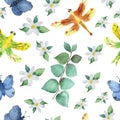 Watercolor hand painted wild nature and floral seamless pattern with green eucalyptus leaves on branches, white bergamot blossom f Royalty Free Stock Photo