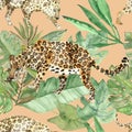 Watercolor hand painted wild nature safari pattern with two leopards animals walking