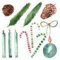 Watercolor hand painted winter celebrate set with green christmas tree fir branches, brown cones, three blue candles. Royalty Free Stock Photo